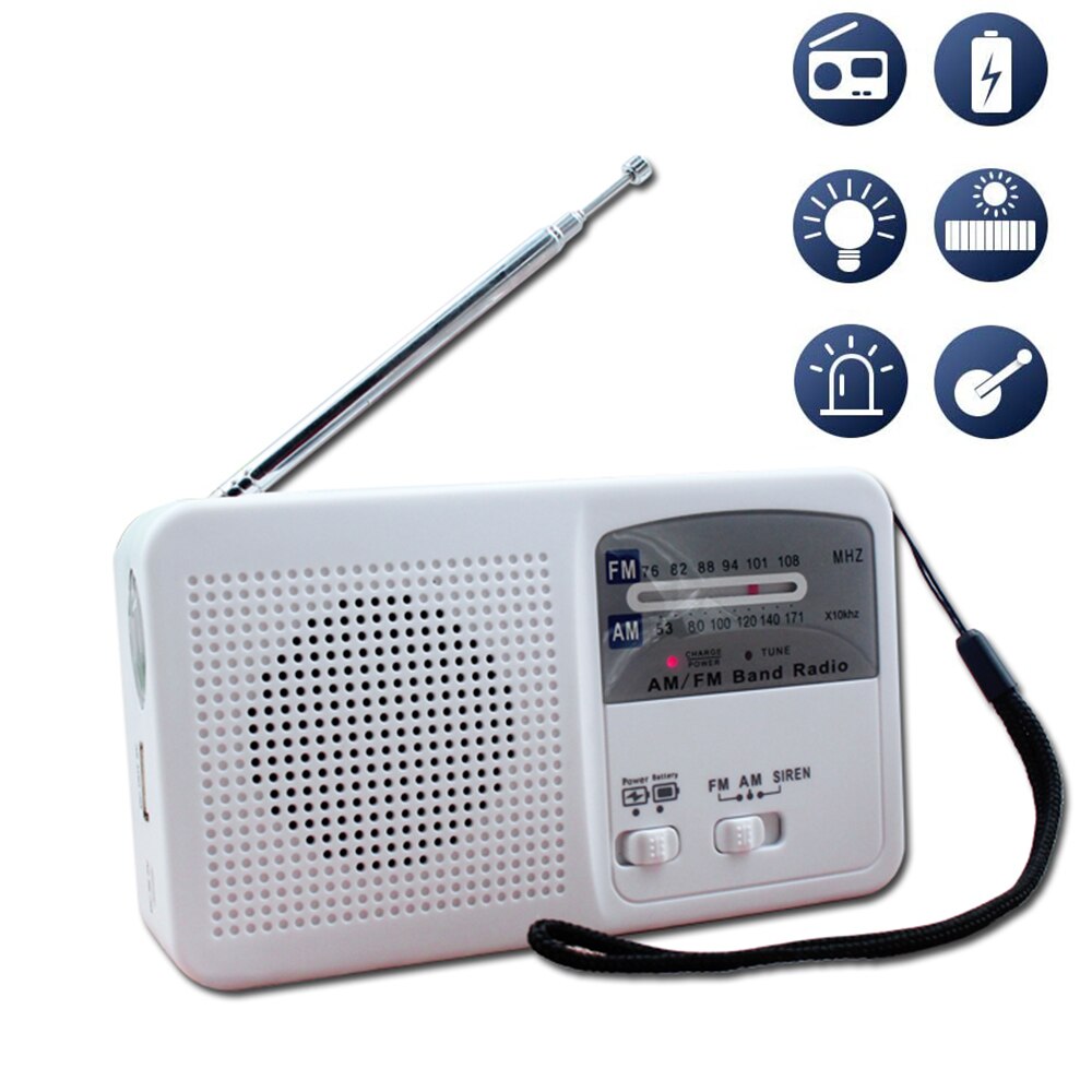 Solar crank dynamo solar fm am milieuvriendelijke draagbare nacht led zaklamp en sirene functie zelfopwindende 500 mah powerbank: Wit