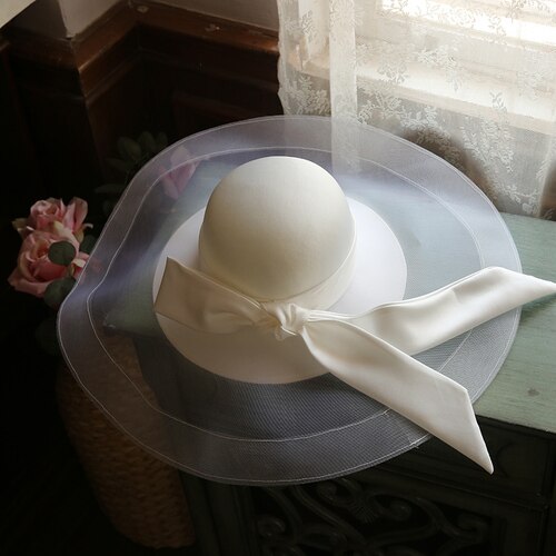 Luxury Large Brim Mesh Bucket Hat White Satin Bowknot Ribbon Fedora Hat High End Prom Banquet Evening Party Ladies Bride Hat: Default Title