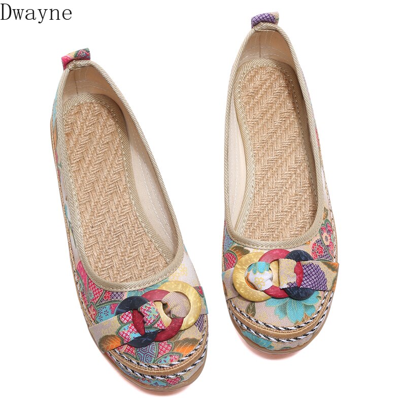 Lente En Herfst Handgemaakte Canvas Schoenen Nationale Wind Platte Ondiepe Mond Ronde Kop Enkele Schoenen Vrouwen