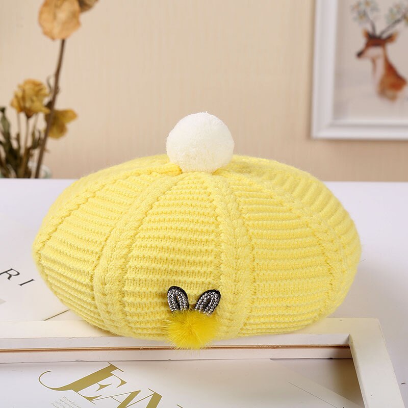 Dames hoeden en petten baret hoed muts dames herfst winter warme muts muts femme bontbal konijn wollen gebreide muts: Geel