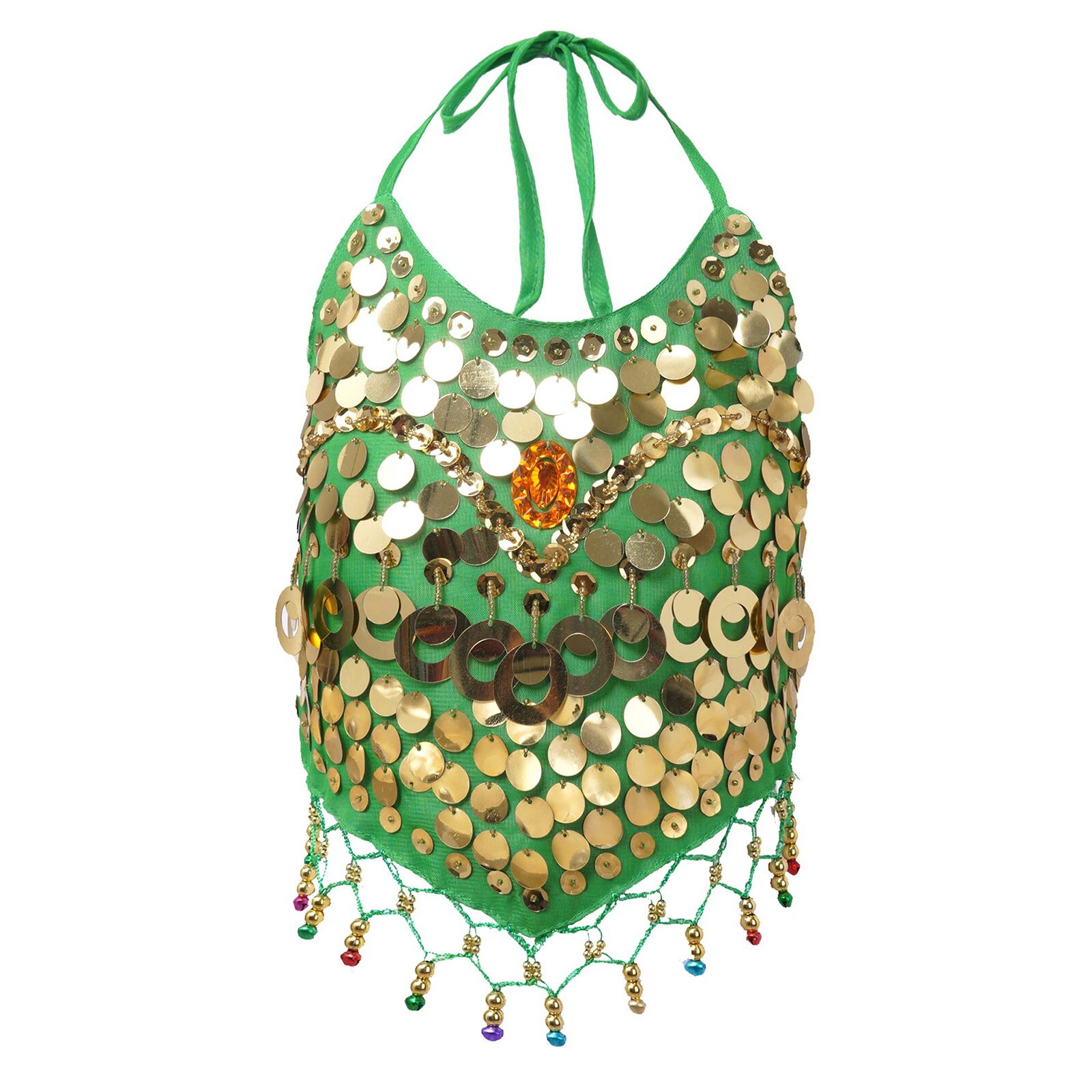 Abbigliamento per danza del ventre per bambini Kid Girls senza maniche allacciato Halter Backless paillettes campane nappa Decor Crop Top per danza del ventre: Green