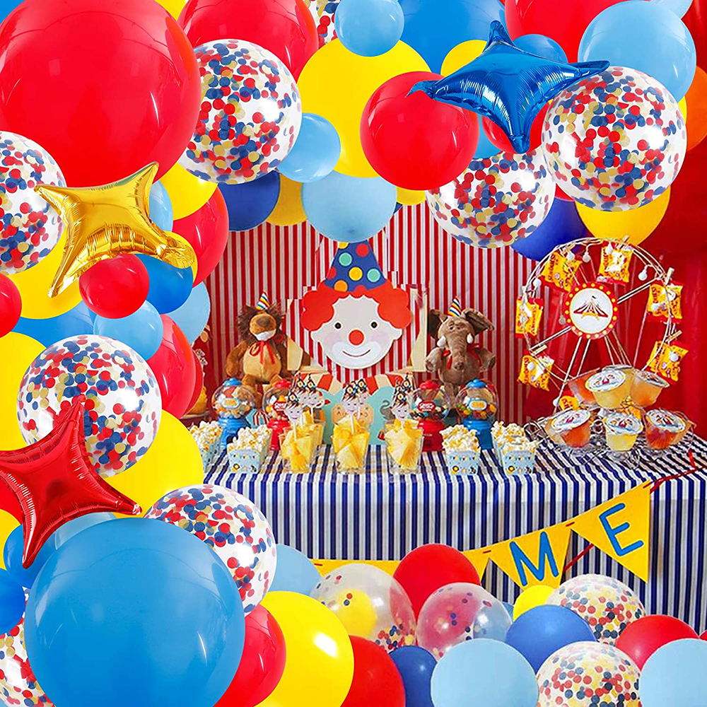Guirlande de ballons de cirque de carnaval en arc, Kit de confettis rouge bleu jaune, jouet en feuille d'étoile, décoration de fête d'anniversaire arc-en-ciel