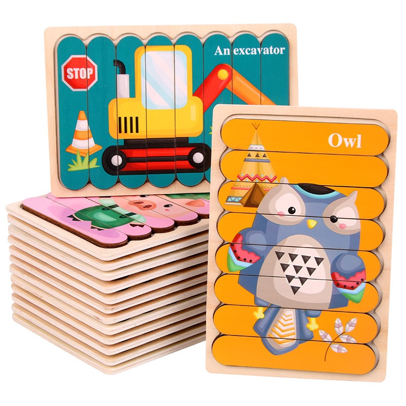 Children Cartoon Puzzle Baby Wooden Double-sided Jigsaw 3D Storytelling Stacking Puzzle Kid Educational Learning Toys