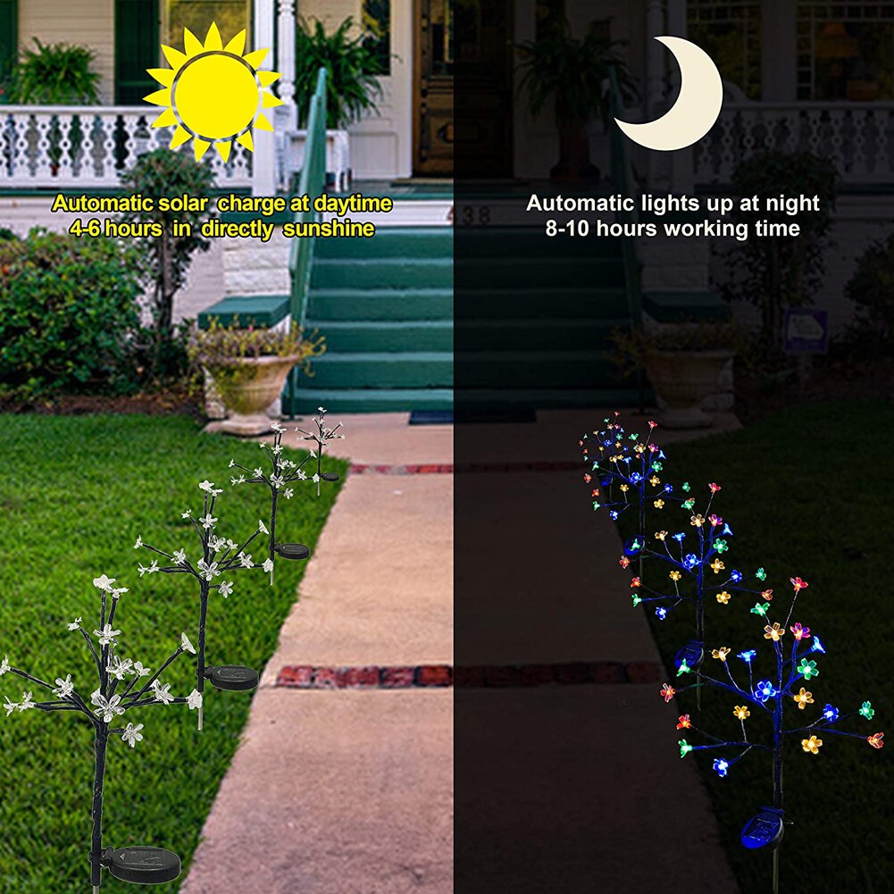 Luces solares para jardín, paquete de 2 luces solares para exteriores con 20 LED, flores de cerezo, luces de estaca solares impermeables para patio