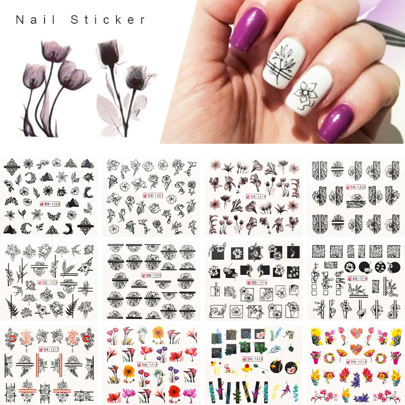 12 Vel Zwart Bloem Slider Nail Stickers Water Transfer Decals Nail Accessoires Zomer Salon Tips Nail Art Decoraties ZJT4091