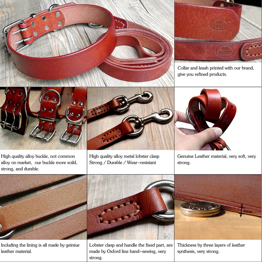 Heavy Duty Plain Leather Pet Dog Collar Leash Set Adjustable For Small Medium Large Dog Breed Pitbull Boxer Bulldog S -2XL Brown