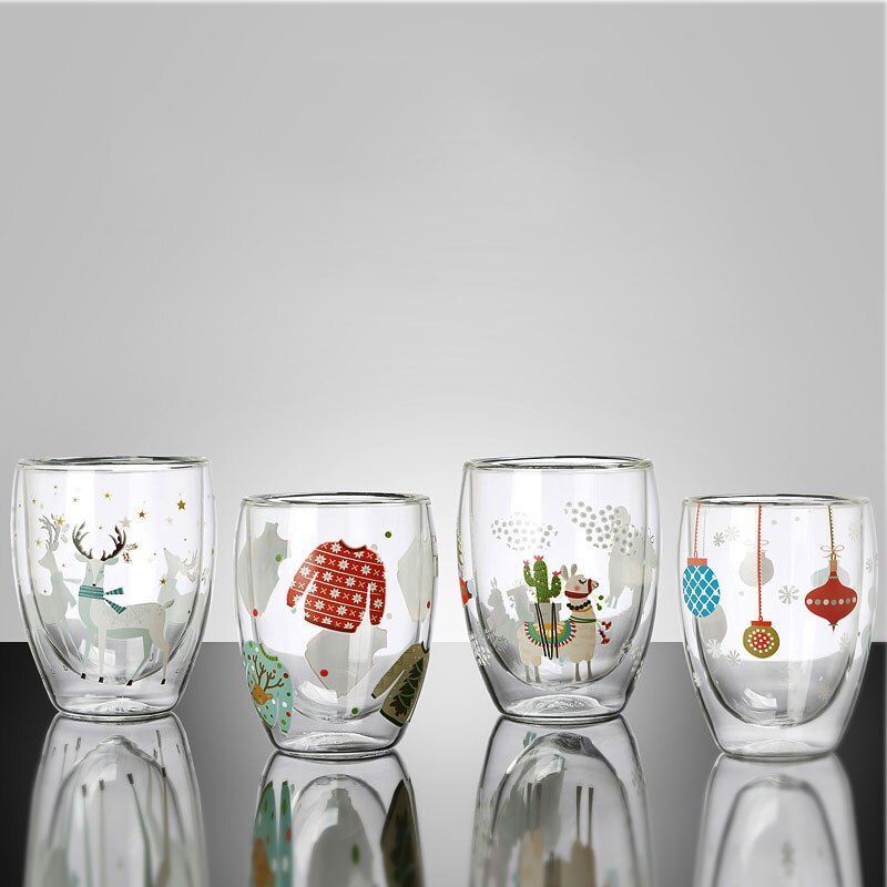 Jultryck glas mugg handtag dubbelskikt isolering tjock glas kopp jul dekor muggar hem vatten koppar värmebeständigt