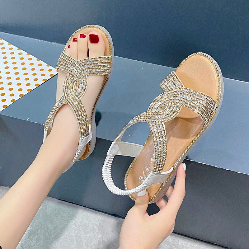 Vrouwen Sandalen Boho Strass Sandalen Vrouwen Zomer Toevallige Strand Schoenen Vrouwen Outdoor Slippers Platte Sandalen Vrouw: Beige / 6