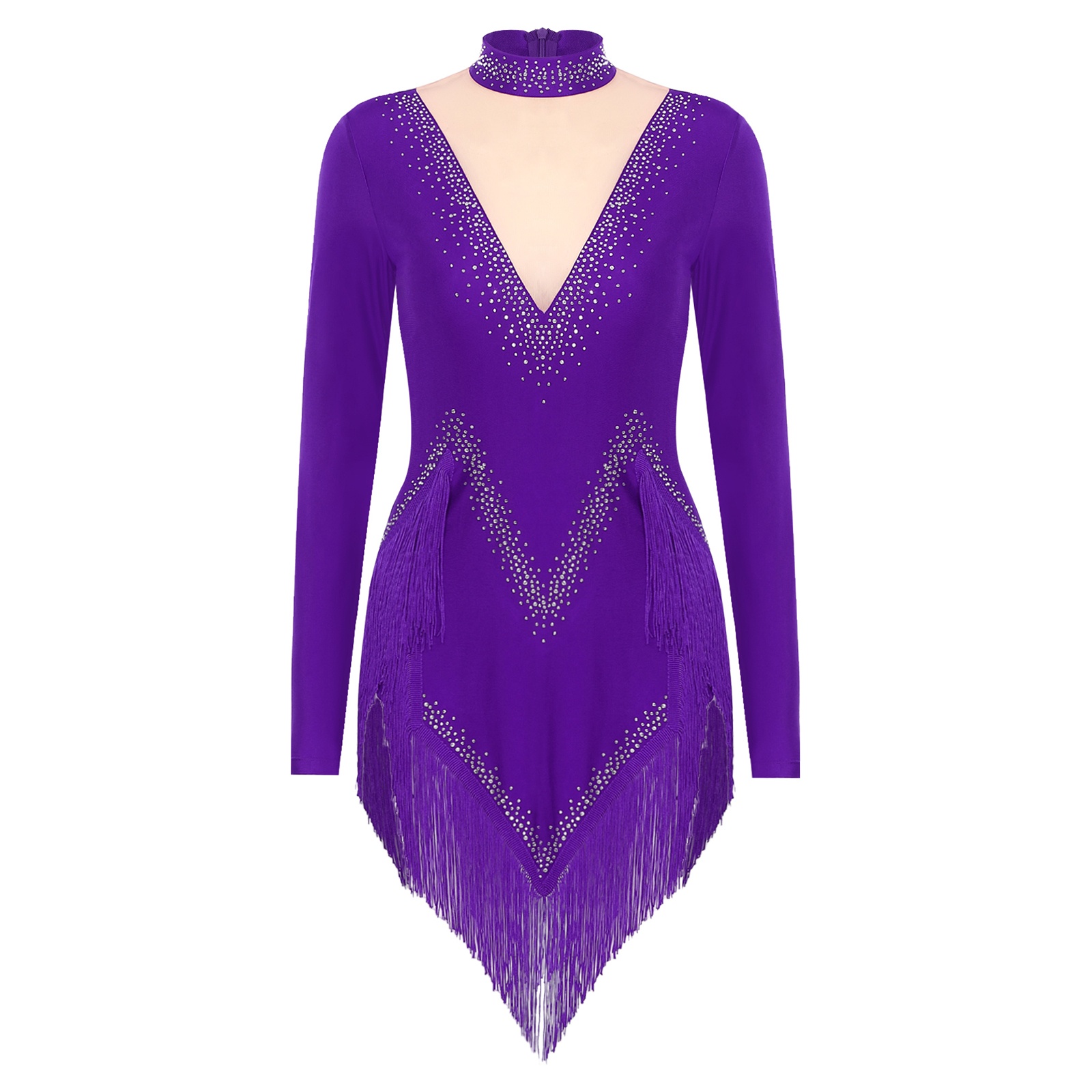 Body de danse latine à franges pour femmes, robe justaucorps à manches longues, vêtements de danse Samba Cha Tango, Costume de spectacle sur scène: XXL / Marron