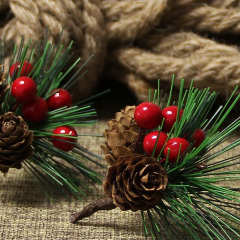 10pcs Artificial Flower Red Christmas Berry Pine Cone With Holly Branches Mini Christmas Tree Decoration Home Decor Flower Craft