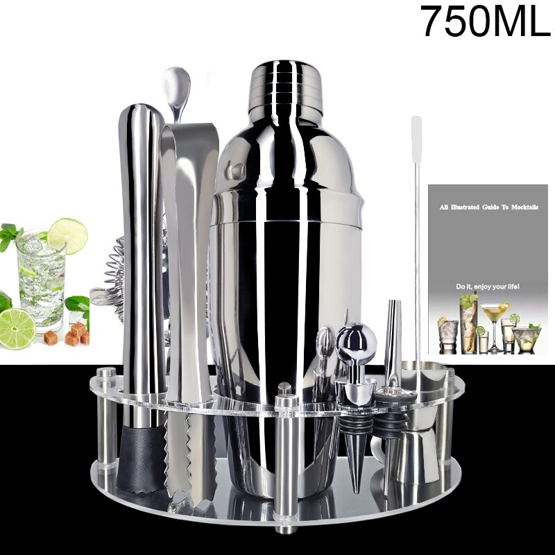 Stainless Steel Martini Shaker with Stand + Drink Recipe 450/600/750ml Cocktail Shaker Set 1-12 Pieces Barware Kit: 11Pc 750ml Rack