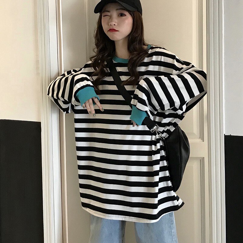 Camiseta de rayas de gran tamaño para mujer estilo coreano Casual Hip Hop Streetwear Friends 90S Grunge estético básico Tee cosas más raras: Black / XL