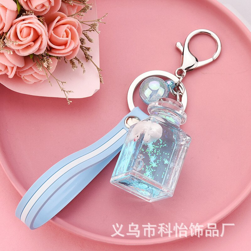 Shaking Voice Network Red Floating Square Milk Bottle Little Swan Keychain Oiling Quicksand Bag Car Pendant: Light Blue