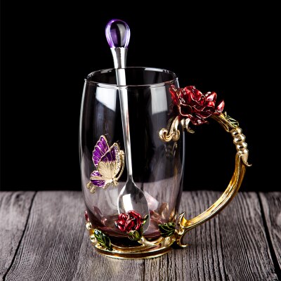 Rød rose emalje krystal kop blomst te glas høj kvalitet glas vand kop blomst krus med håndtag perfekt til elsker bryllup: Se diagram 1