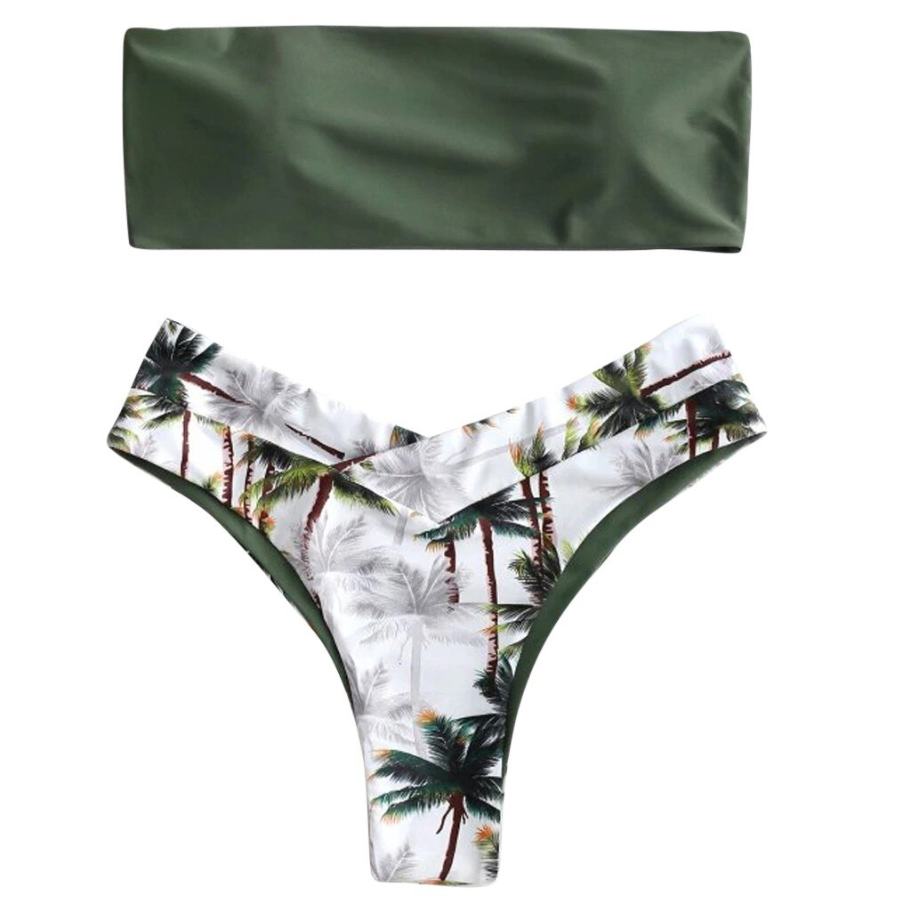 Jaycosin glamorous special style women coconut tree print women summer bra suit swimsuit: Green / M