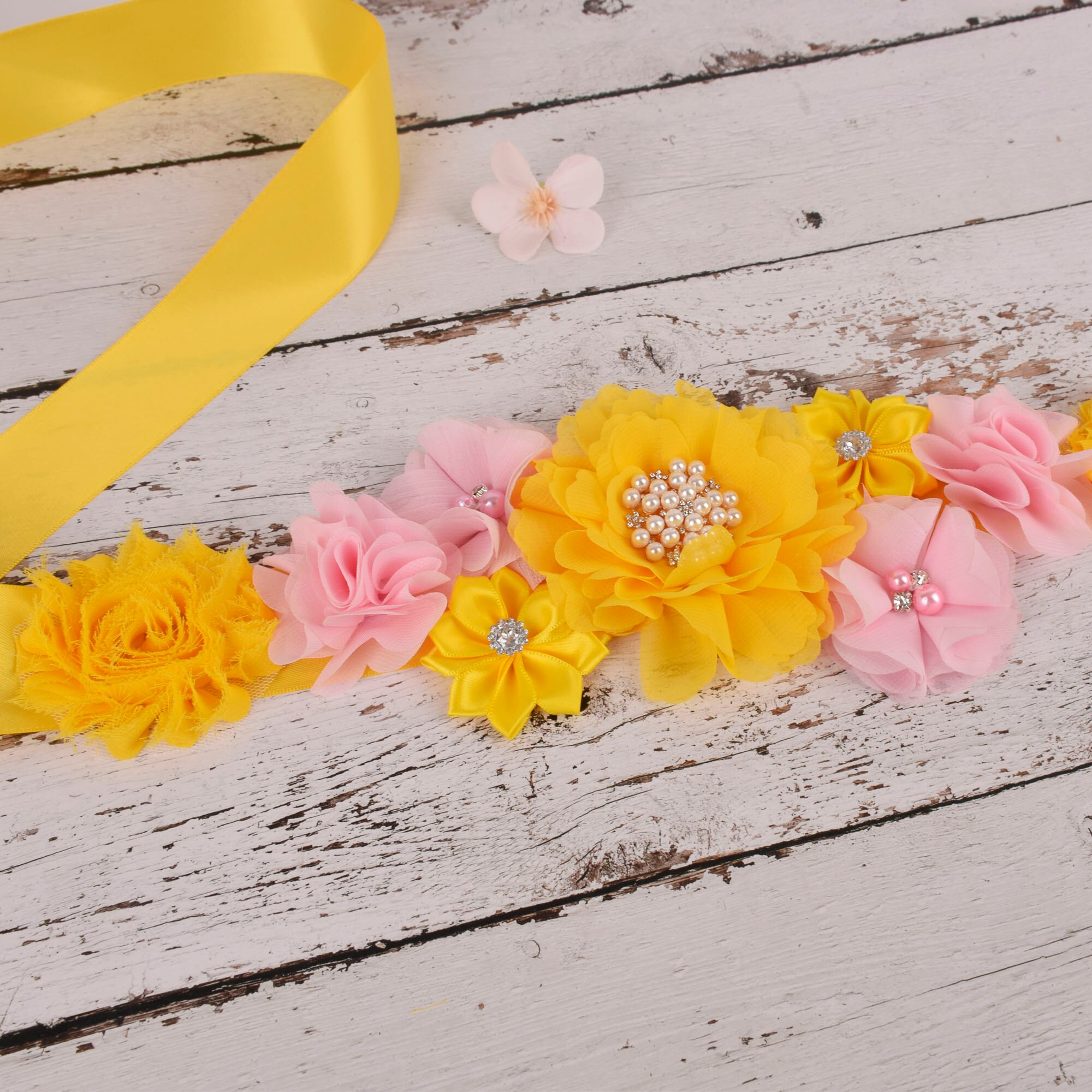 Fajín de flores para maternidad, Amarillo/rosa, cinturón para el vientre para embarazo, accesorios de para fotos, banda para de Baby Shower, cinturón de flores para niña de 3 yardas