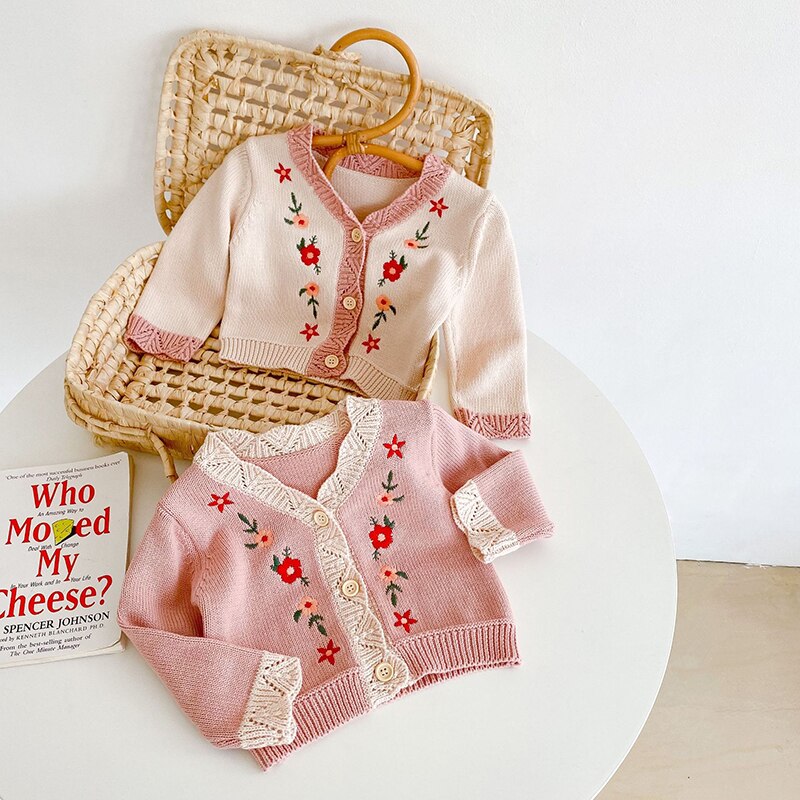 0-36M Herfst Winter Baby Meisje Gebreide Trui Vest Bloem Geborduurd Kinderen Jas Lange Mouwen Top baby Meisje Kleding