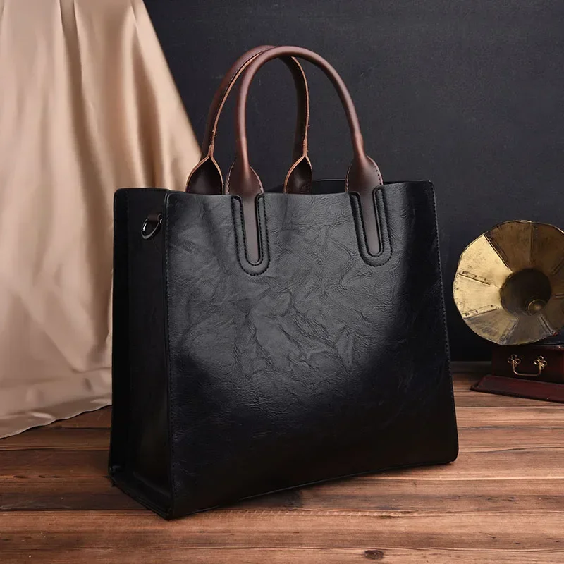 Vintage Olie Huid Lederen Grote Casual Tote Vrouwen Tassen Vrouwen Handtassen Schouder Crossbody Tas Messenger Bags sac: Black