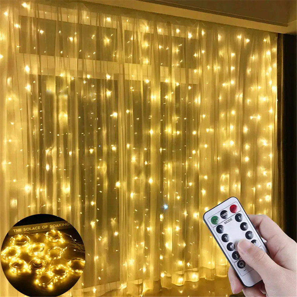 Guirnalda de luces de cortina de 3M × 6/3/2/1M, alimentación USB con Control remoto, guirnaldas de luces LED, colgante de árbol de Navidad, decoraciones para el hogar y el dormitorio: Azul / 350 W