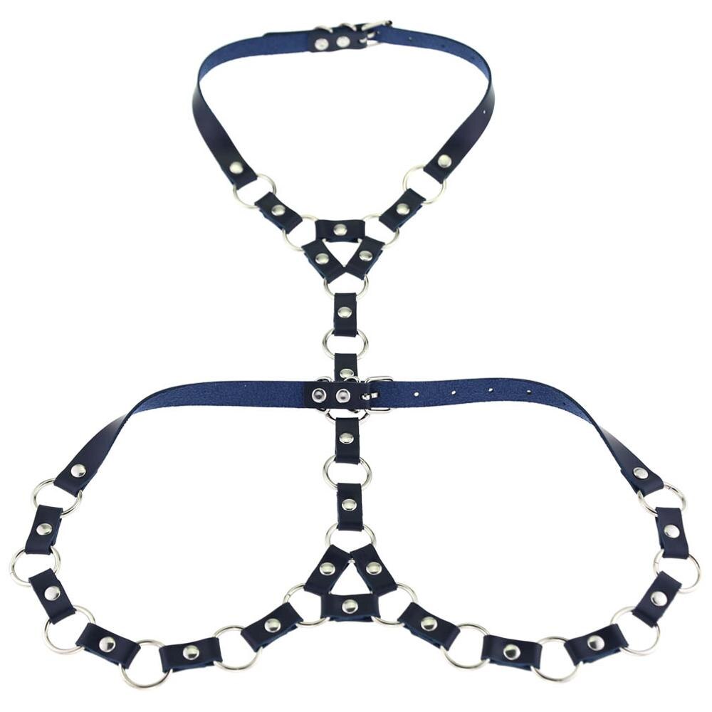 Mode Punk PU Lederen Harnas Body Met O-Ring Choker Bondage Taille Riemen: dark blue