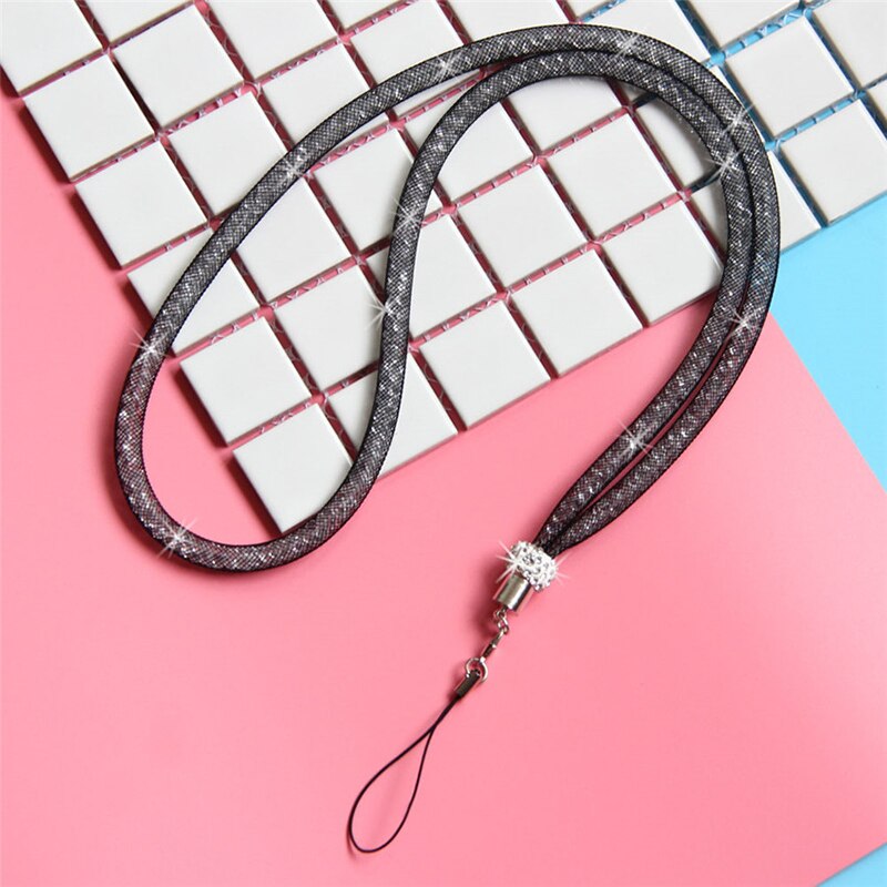 Cordão de cristal para apoio de pescoço, cordão multifuncional para telefone celular, suporte para teclas, cartão de identificação, academia, diamante menina/mulheres: black