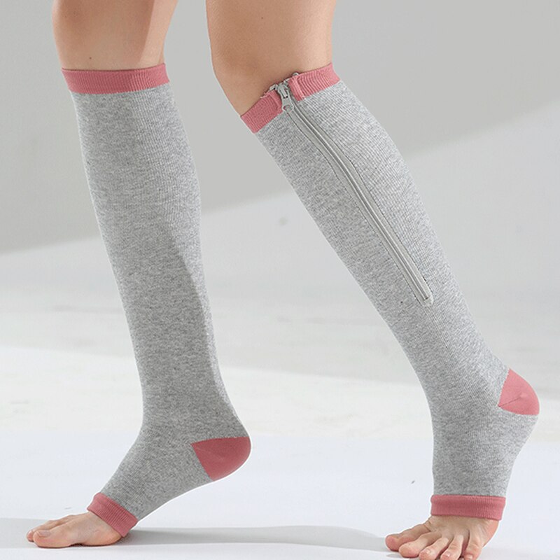 Dam dragkedja kompressionsstrumpor dragkedja benstöd knä sox öppen tå strumpa vinter varma strumpor nylon 35cm solid standard: Grå och rosa / L och xl