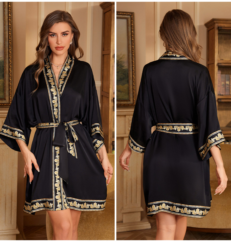 Seide Kunstseide V-Ausschnitt Kimono Kleid Kleid Frauen elegante kurze Bademantel Nachtwäsche Dame Party Salon tragen Nachthemd: Schwarz