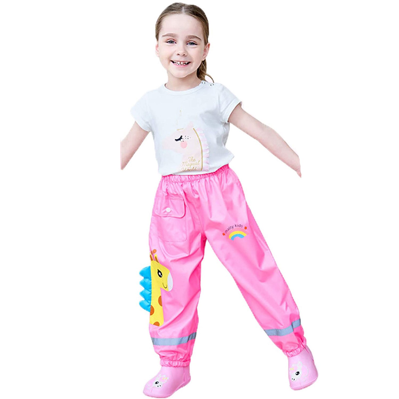 Children Toddler Harem Pants Boys Girls Mud Proof Rain Elastic Waist Trousers Kids Cartoon Rainwear Waterproof Overalls: Pink / 9