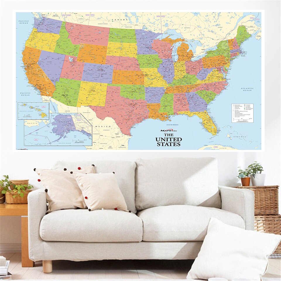 225*150 Cm The United State Map Non-woven Canvas Printing Detailed Map Large Poster Education Supplies Home Decoration