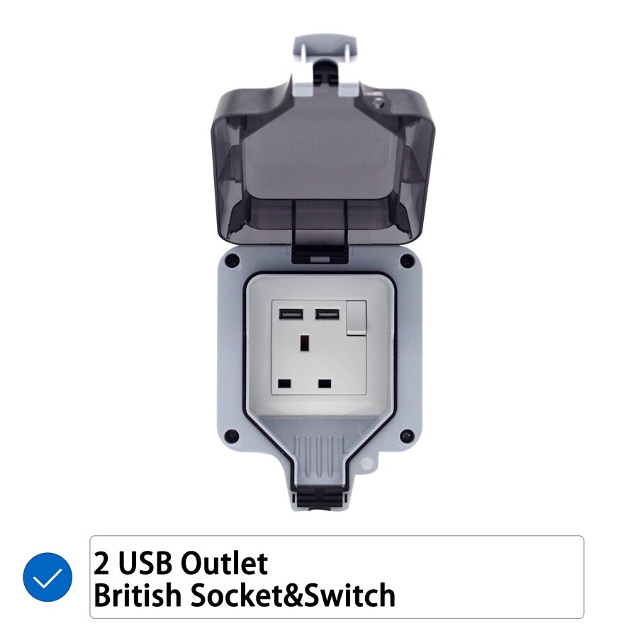 EU UK British Germany European Russian USB 1 Gang Waterproof Socket Enclosure Box Outdoor Outlet Weatherproof 13A 16A Plug In: British USB Socket