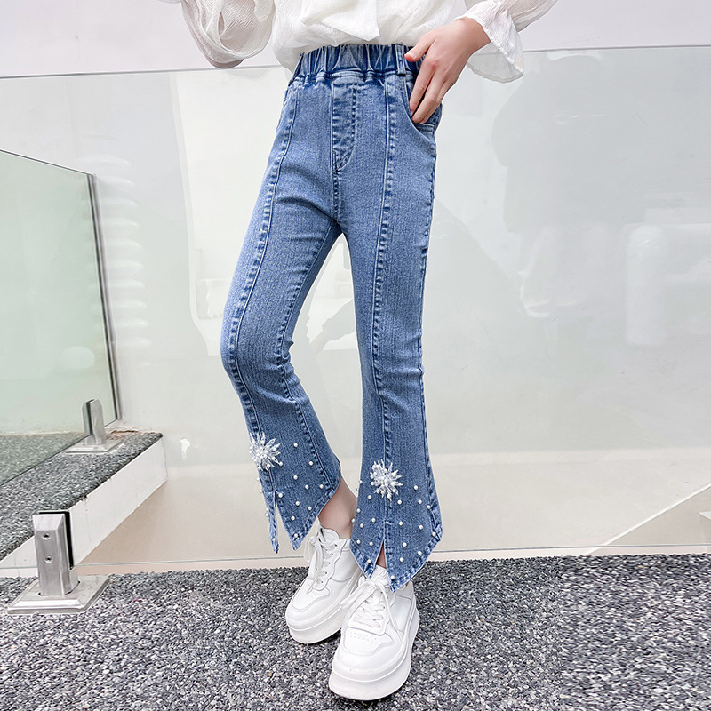 Mode Elastische Taille Jeans Meisje Kinderen Vintage Borduren Skinny Denim Broek Kinderen Esthetische Denim Broek Tiener Bodems