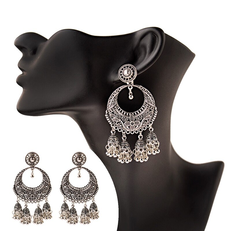 Ethnic Women&#39;s Silver Color Round Flower Hollow Jhumka Stud Earrings Boho Indian Jewelry Egypt Carved Tassel Earrings Femme