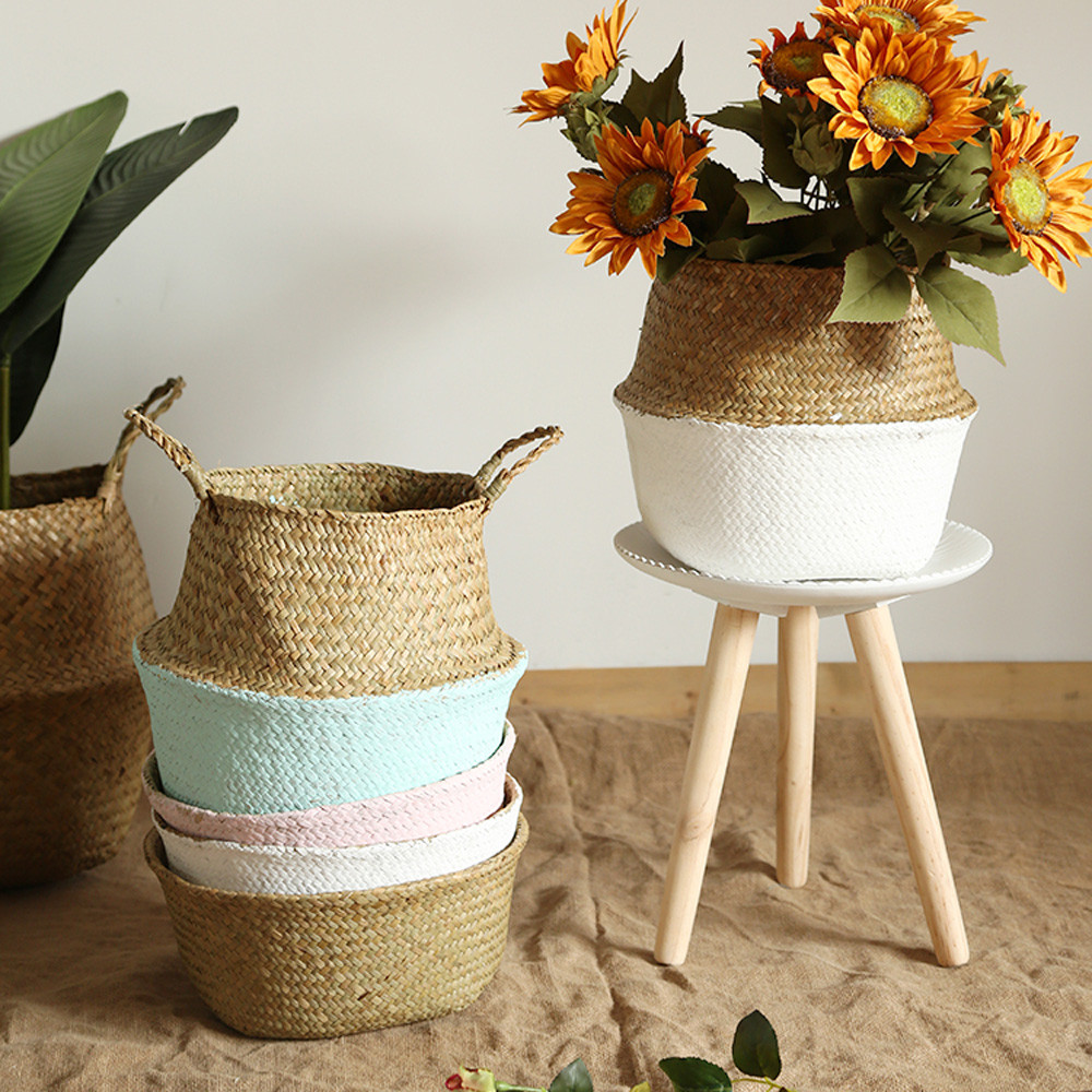 Mini cestas plegables de bambú para almacenamiento, colada, paja, Patchwork, mimbre, algas marinas, vientre, maceta, maceta, cesta hecha a mano