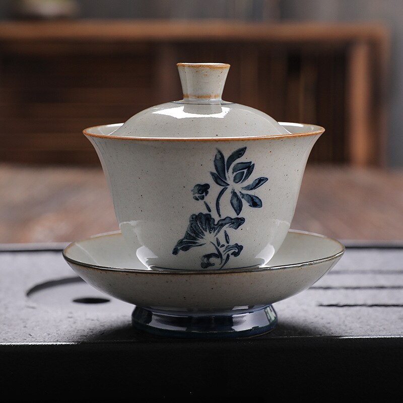Retro Jingdezhen Hand-painted Tea Set Bowl China Kung Fu Tea Set Thick Pottery Bowl Ceramic Blue and White Tea Bowl Tea Set: n
