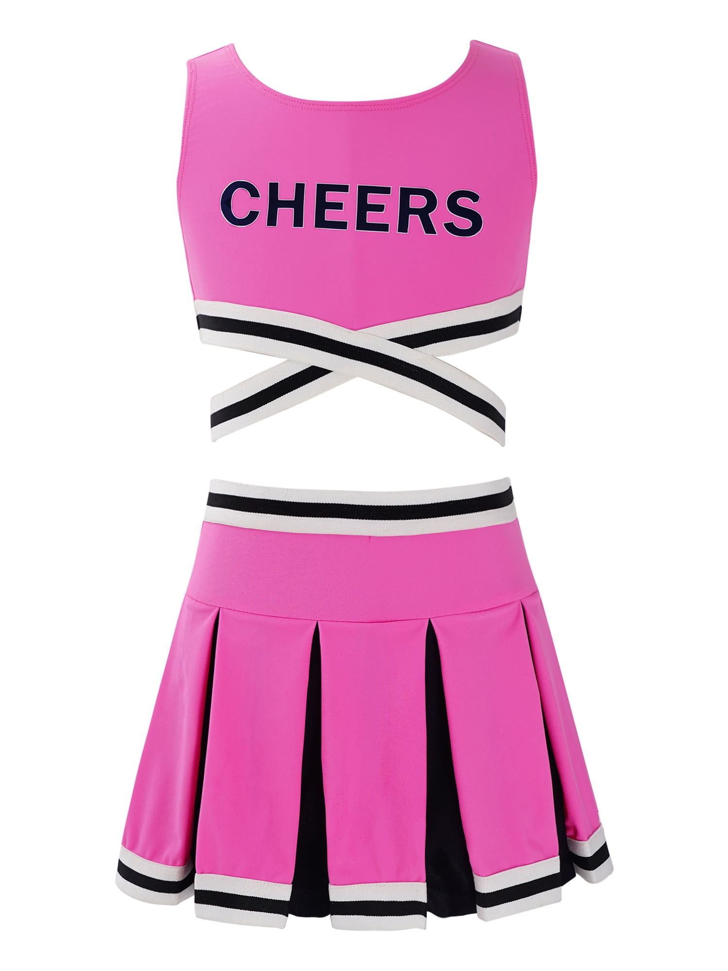 2Pcs Kids Girls Cheerleader Uniform Cheerleading Dance Outfit Sleeveless Cheers Print Crisscross Sash Vest and Pleated Skirt Set