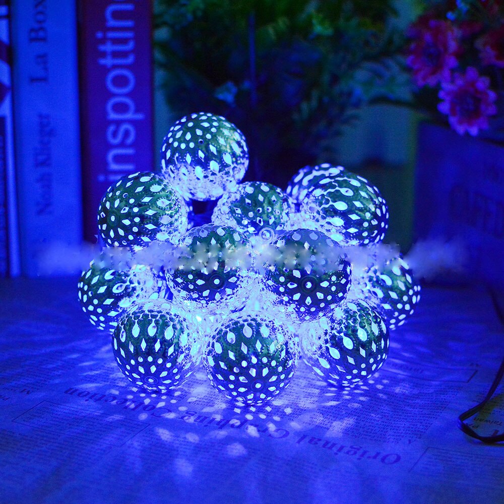 Solslinga ljus 20 lampor utomhus led marockansk boll järn konst silver boll landskap innergård fest kväll dekoration: Blå / 10-499 uppsättningar
