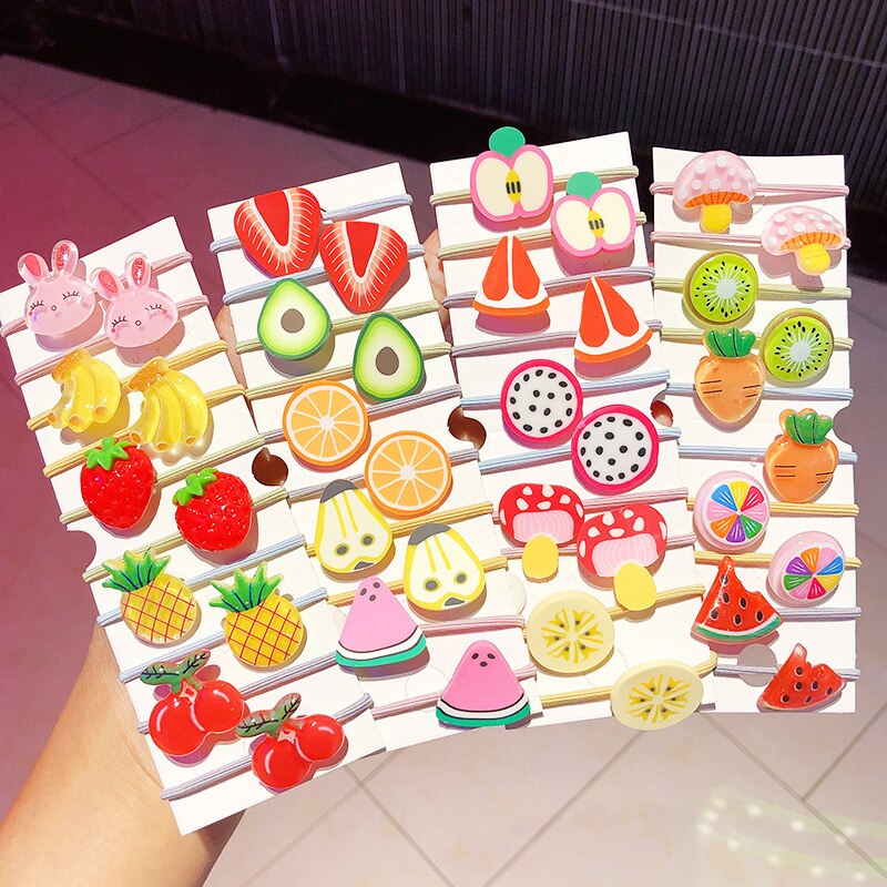 Mooie Cartoon Kinderen Paardenstaart Houder Chouchou Kit Fruit Elastische Rubberen Haarband Set Haar Ring Kinderen Haar Accessoires