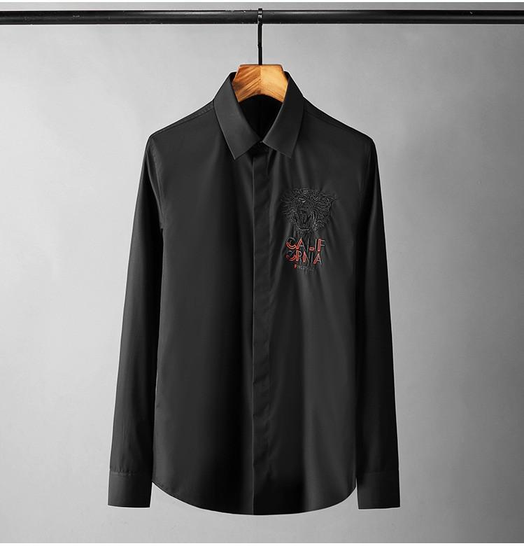 Långärmade manliga skjortor svart tigerbroderi casual herrklänningskjortor slim fit manskjortor plus storlek 4xl