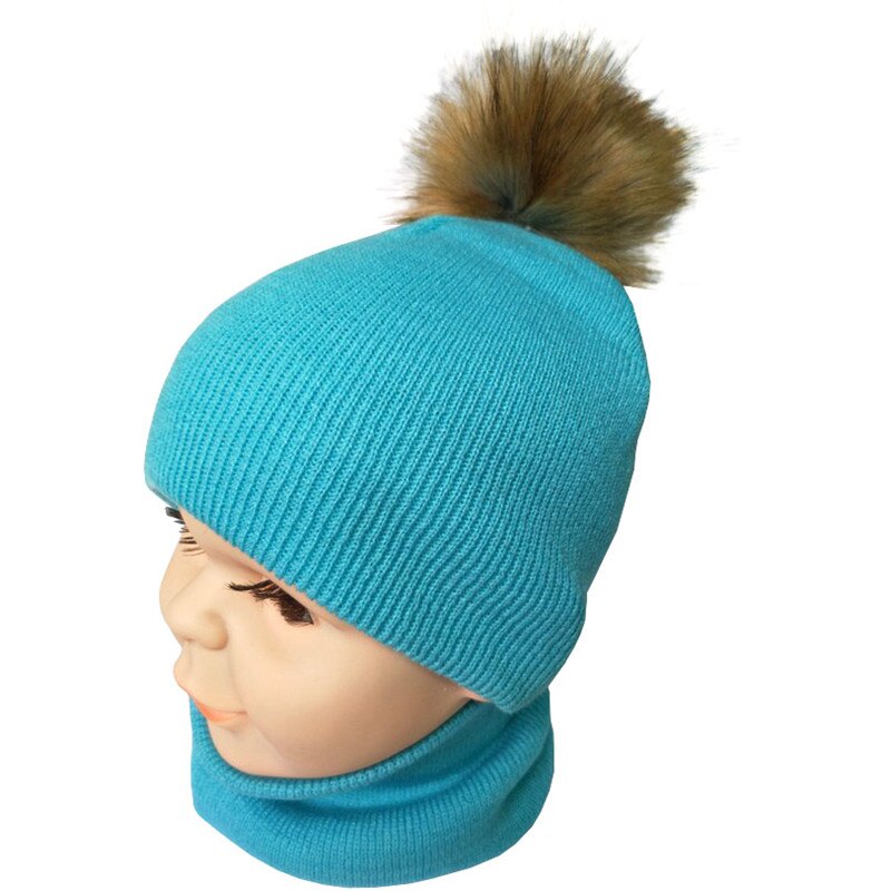 Efterår vinter børn tørklæde hat sæt drenge piger forår varm halstørklæde børn kasket sæt pompon bolde baby hat tørklæde: Himmelblå sæt en bold
