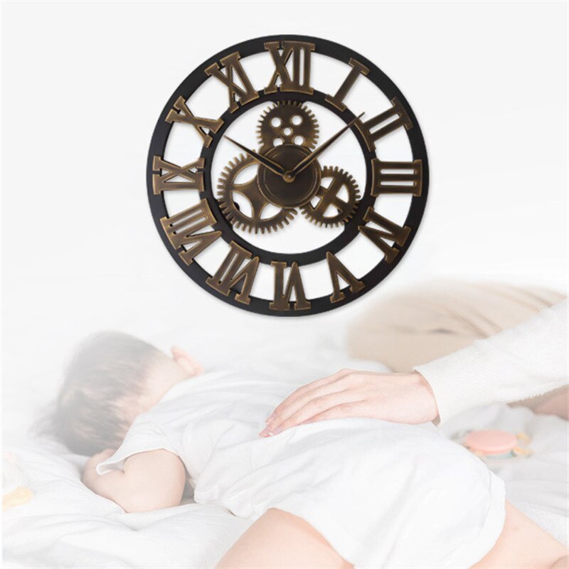 Getriebe retro Wanduhr Große 3D Römische Ziffer Geräuschlos nordisch Riesen Holz Jahrgang Uhren Horloge Wohnzimmer Bar Wohnkultur kunst