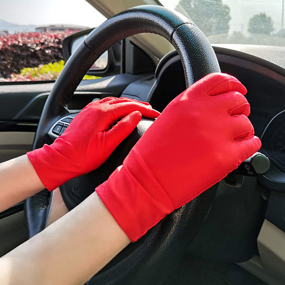 Summer Thin Sun Protection Gloves Unisex Dots Printed Etiquette Dance Gloves Pure Color Elastic Cycling Driving Glove: red