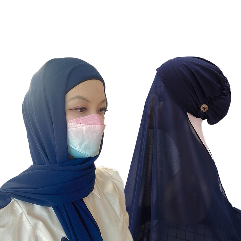 Instant Hijabs Women Bonnet With Chiffon Shawl With buttons Easy to Wear masks Stretch Hijab Cover Headwrap: color 9