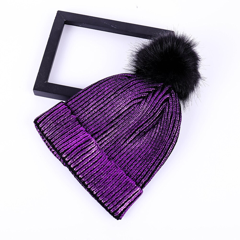 Bola de Pelo para niña, gorro bonito con Pompón, gorrito sólido a prueba de viento: Purple