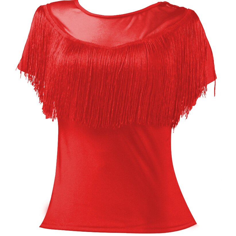 Latin Dance Sexy Ballroom Dance Dance Costume Tassel Shirt Mesh Adult Modern Dance Top Ladies Practice Clothes: Red / L