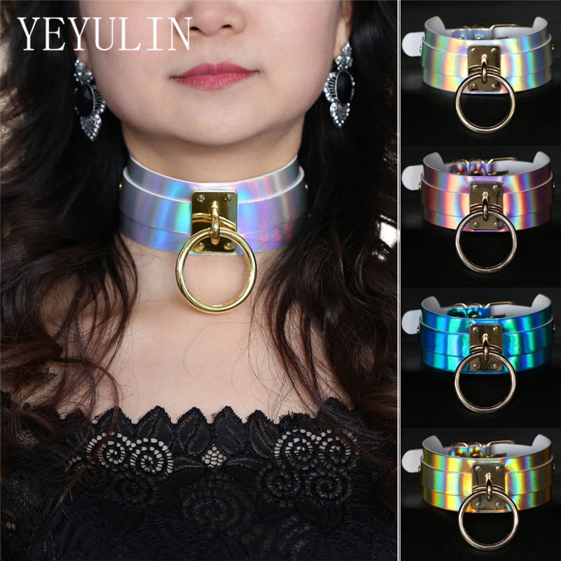 Punk Style Gothic Handcrafted Chic Holographic Choker Necklace With Gold Metal Round Circle Charm Chocker Collar Jewelry