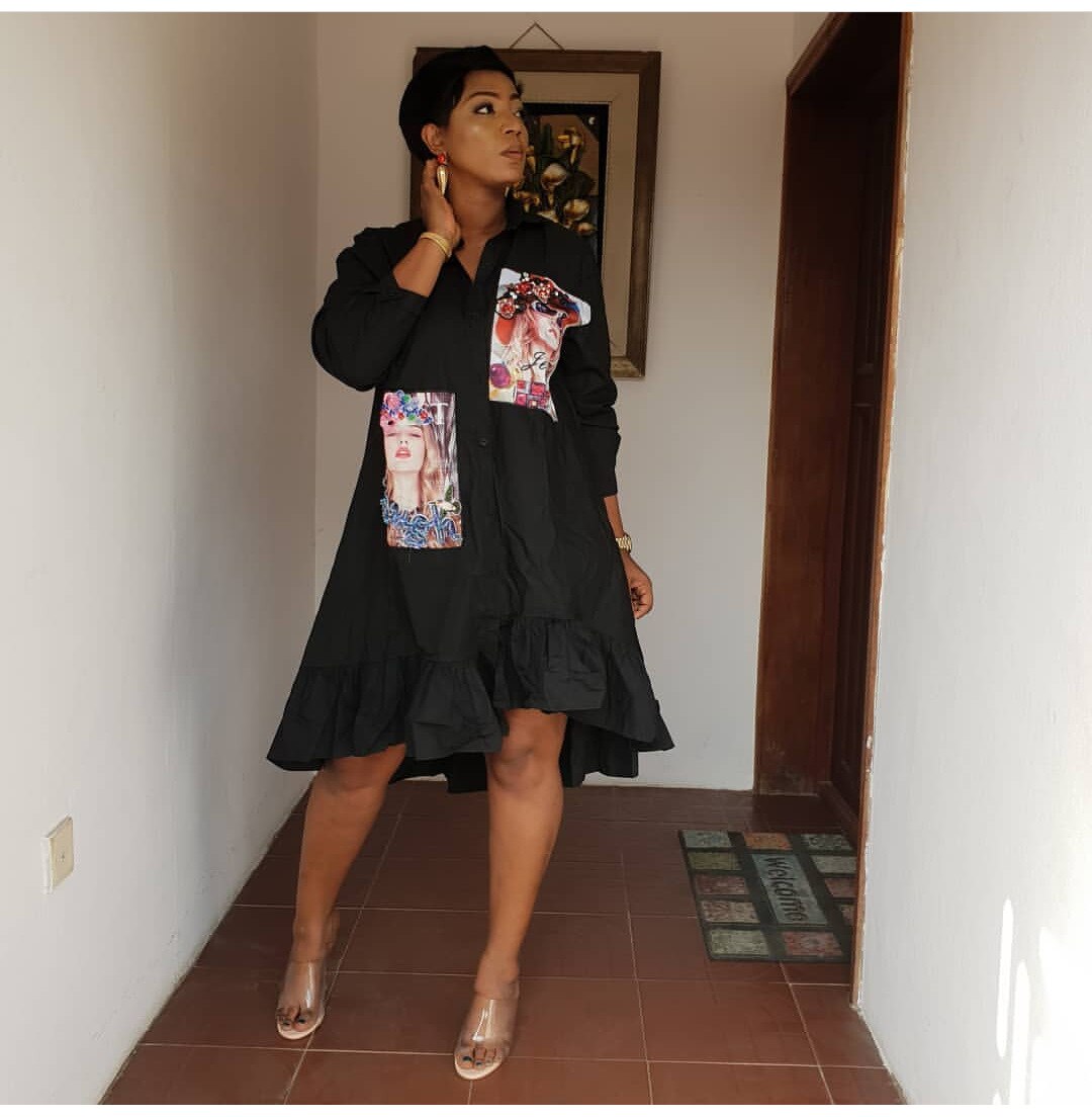 Plus Size African Clothing Summer African Print Beauty Head Beading Shirt Blouse Dress Women Cotton Irregular Dress: black