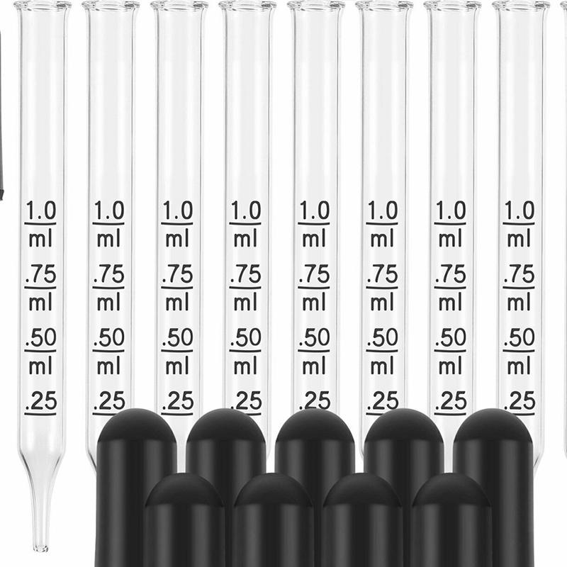 10Pcs Glass Droppers Rubber Head Scale Pipette Dropper for School Home (1ml, Straight Head, Scale, Plastic Tube Packaging)