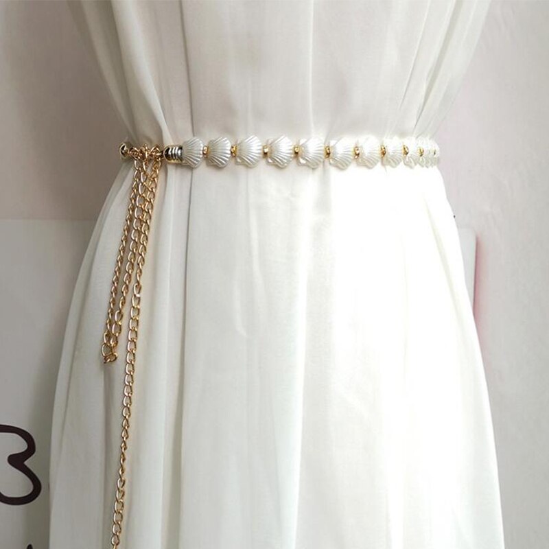 Pearl Women Chain Belt Shell Metal Lady Waist Belts Thin Slim Dress Long Waistbands Straps Banquet Wedding: shell style