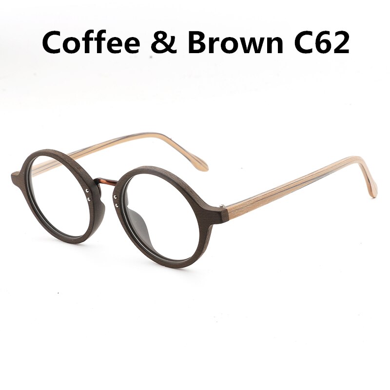Hdcrafter vintage retro runde brillerammer træ recept nærsynethed briller med klar linse træ læse briller ramme: Kaffebrun  c62