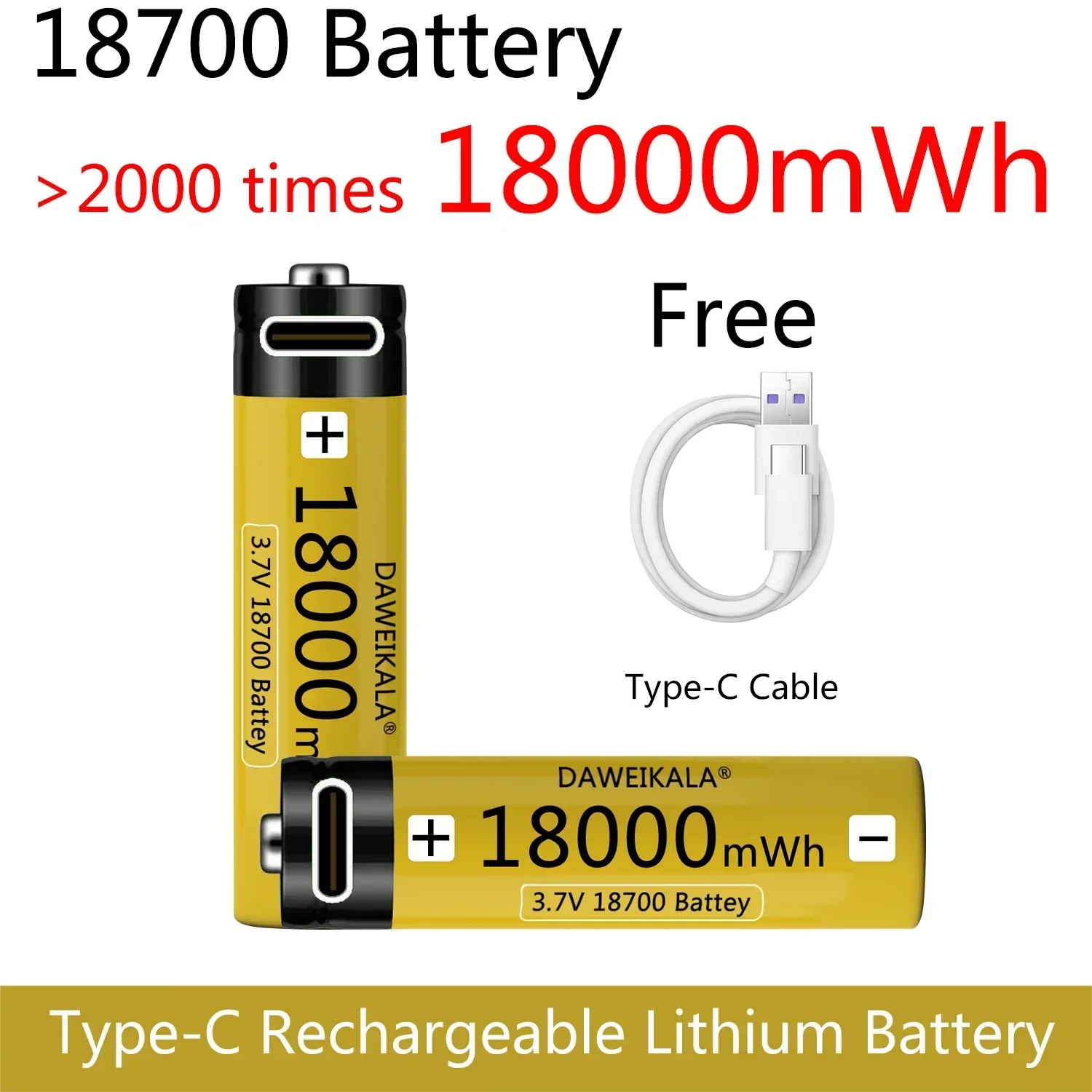 Battery 18650 USB C-type 18700 3.7V 18000 MWh flashlight lithium-ion charging tool mobile phone battery high magnification 18700